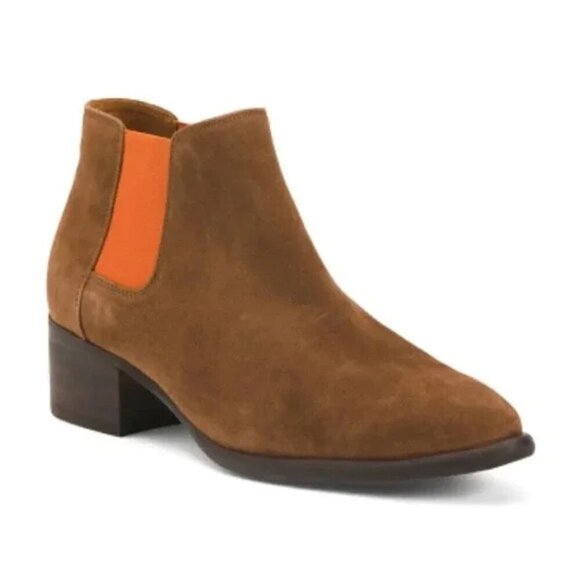 J. McLaughlin Brown Suede Ashlyn Pull-on Ankle Boots with Orange Detail Sz 7.5 - Picture 1 of 9